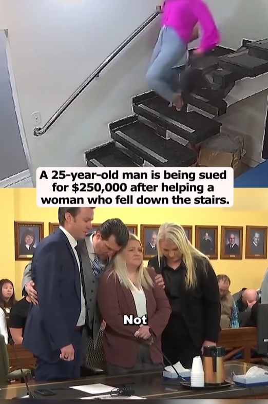 A 25-year-old man is being sued for $250,000 after helping a woman who fell down the stairs